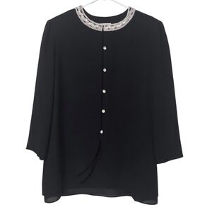 Vintage Julian Wilder Black Beaded Evening Blouse Rhinestone Beaded Button Top L